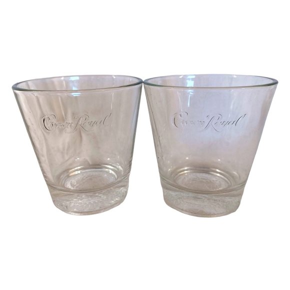 Set of 2 Crown Royal Whiskey 4 oz Rocks Lowball Etched Bar Glasses 3.5"x3.5" - Picture 1 of 6